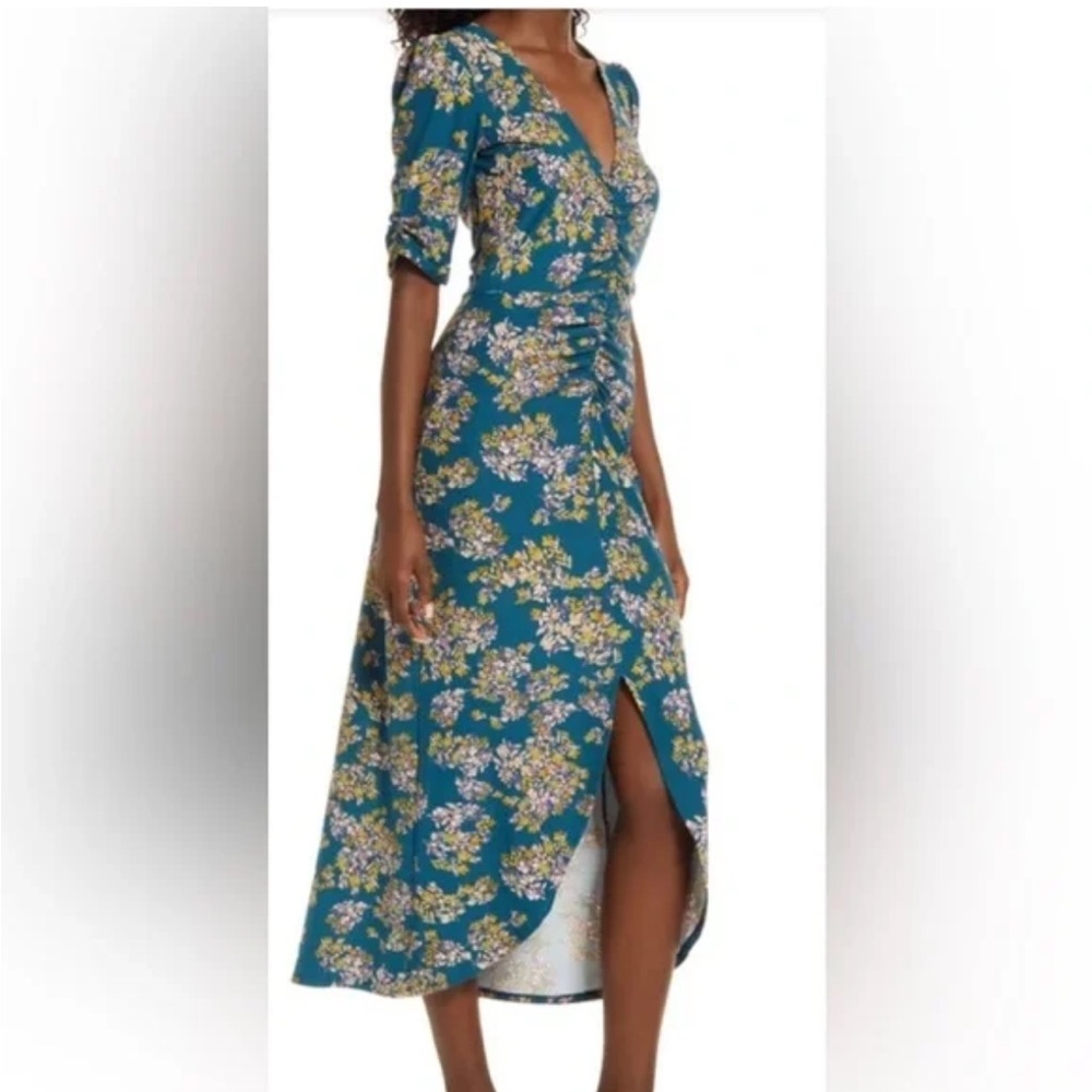 Charles Henry floral ruched midi dress in dark teal size small